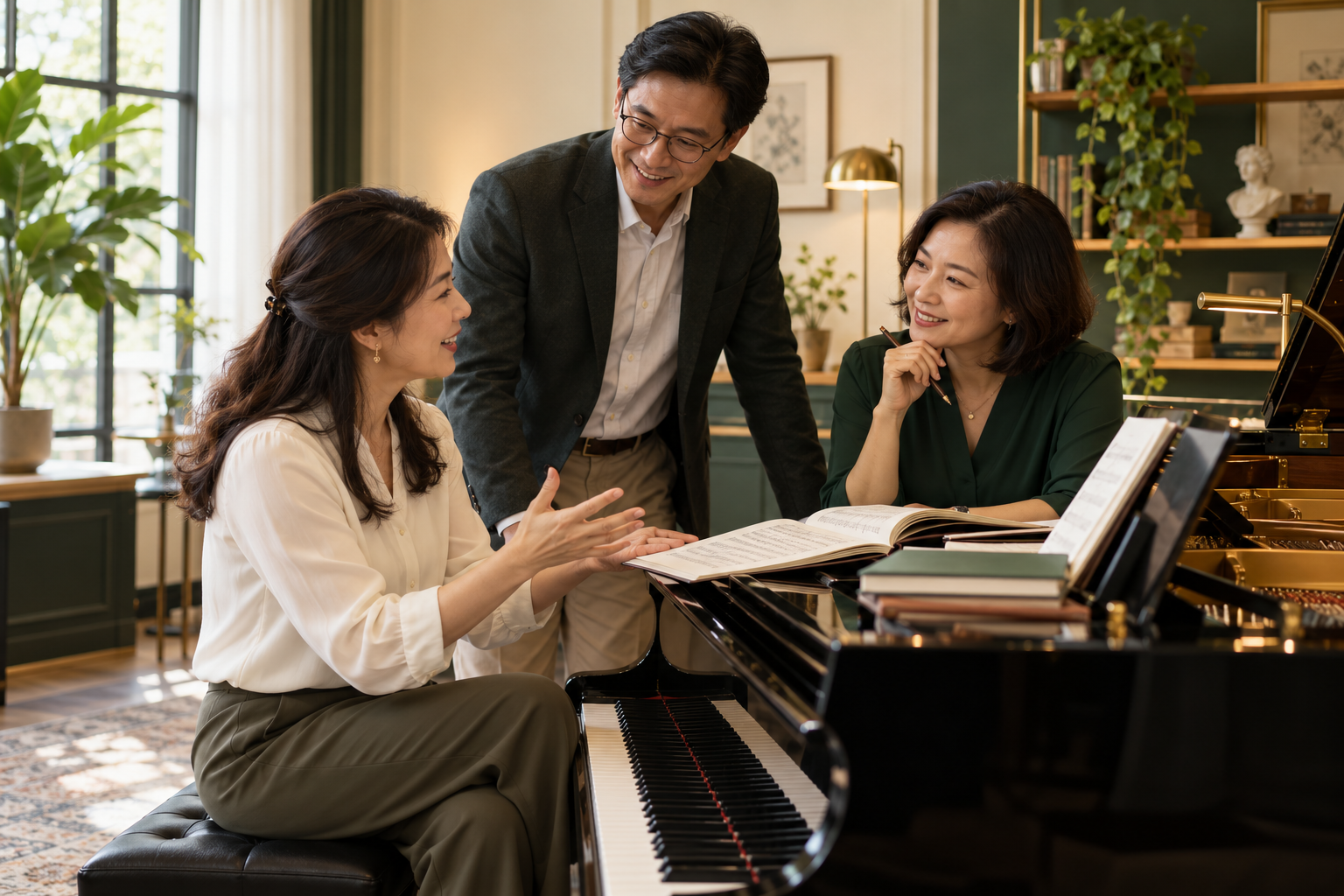 Illustrative AI-generated scene of music educators sharing teaching ideas beside a piano